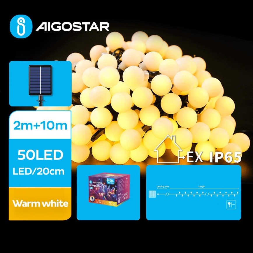 Aigostar - LED Ηλιακά διακοσμητικά λαμπάκια 50xLED/8 λειτουργίες 12m 800 mAh IP65 θερμό λευκό