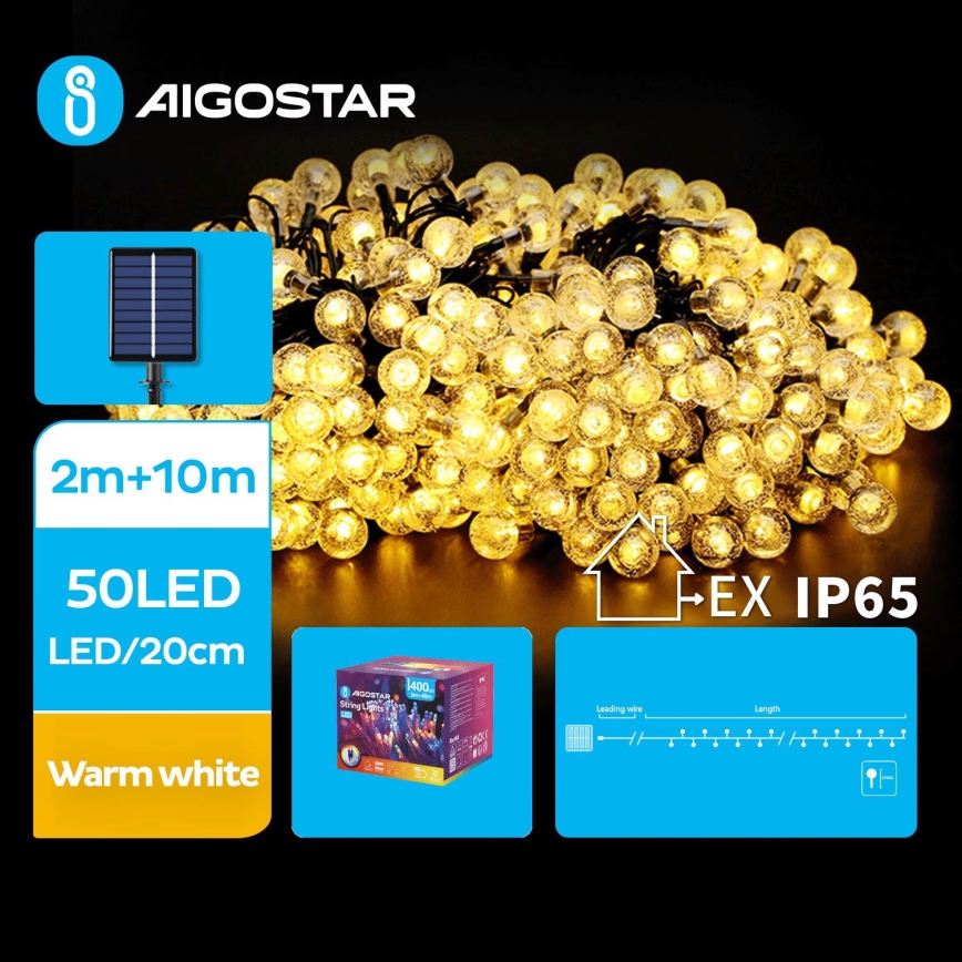Aigostar - LED Ηλιακά διακοσμητικά λαμπάκια 50xLED/8 λειτουργίες 12m 800 mAh IP65 θερμό λευκό