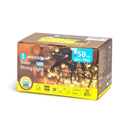 Aigostar - LED Ηλιακά διακοσμητικά λαμπάκια 50xLED/8 λειτουργίες 12m 800 mAh IP65 θερμό λευκό