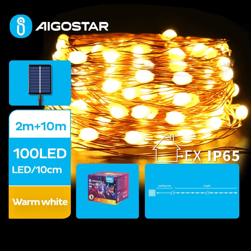 Aigostar - LED Ηλιακά Χριστουγεννιάτικα λαμπάκια 100xLED/8 λειτουργίες 12m 800 mAh IP65 θερμό λευκό
