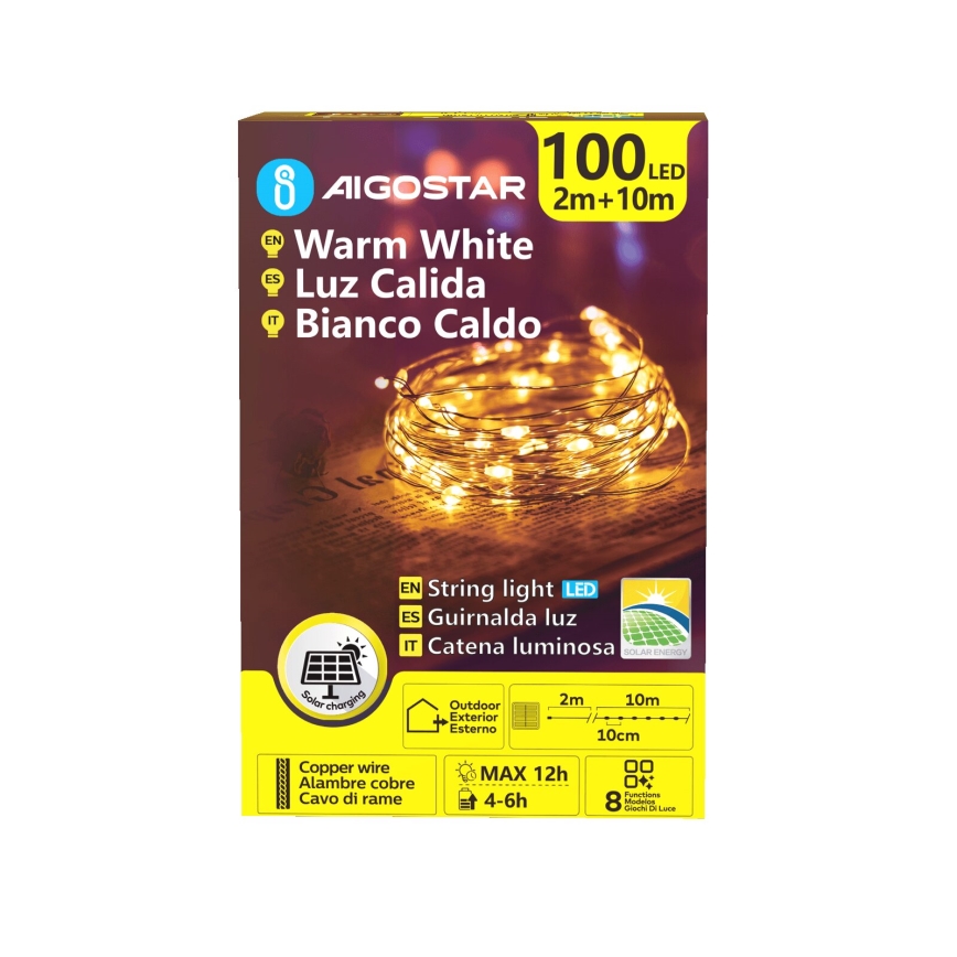 Aigostar - LED Ηλιακά Χριστουγεννιάτικα λαμπάκια 100xLED/8 λειτουργίες 12m 800 mAh IP65 θερμό λευκό