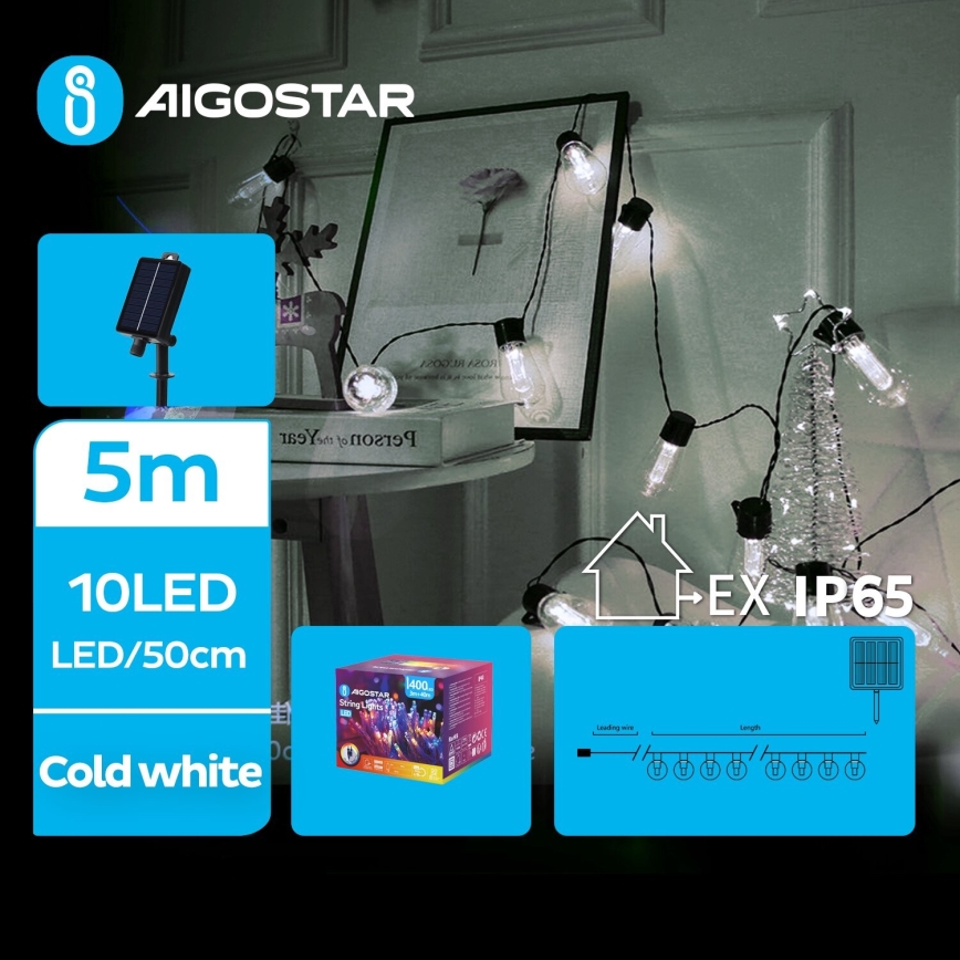 Aigostar - LED Ηλιακά Χριστουγεννιάτικα λαμπάκια 10xLED/8 λειτουργίες 6,5m 500 mAh IP65 ψυχρό λευκό