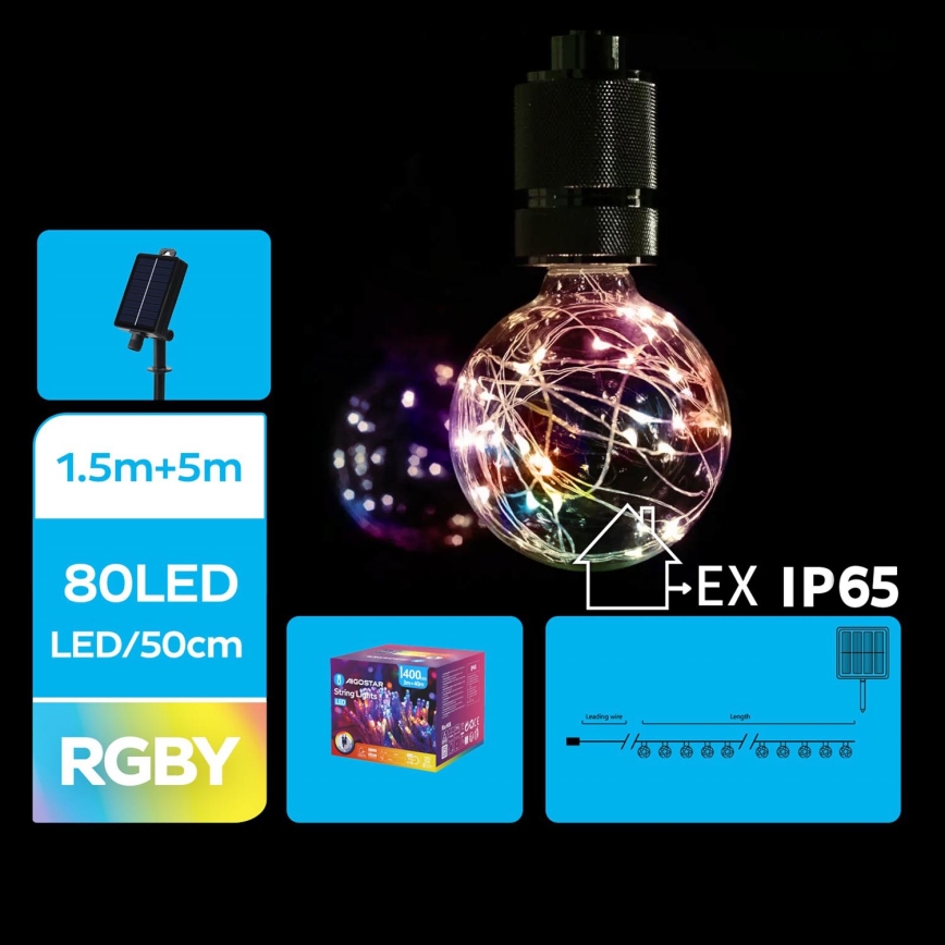 Aigostar - LED Ηλιακά Χριστουγεννιάτικα λαμπάκια 10xLED/8 λειτουργίες 6,5m IP65 500 mAh πολύχρωμα