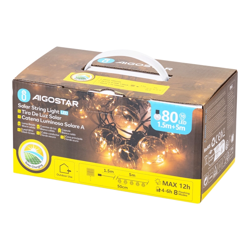 Aigostar - LED Ηλιακά Χριστουγεννιάτικα λαμπάκια 10xLED/8 λειτουργίες 6,5m IP65 500 mAh θερμό λευκό