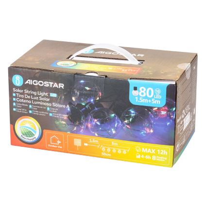 Aigostar - LED Ηλιακά Χριστουγεννιάτικα λαμπάκια 10xLED/8 λειτουργίες 6,5m IP65 500 mAh πολύχρωμα