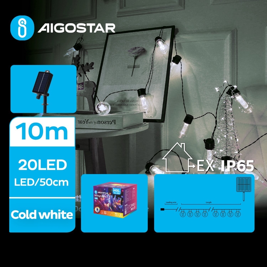 Aigostar - LED Ηλιακά Χριστουγεννιάτικα λαμπάκια 20xLED/8 λειτουργίες 11,5m 1200 mAh IP65 ψυχρό λευκό
