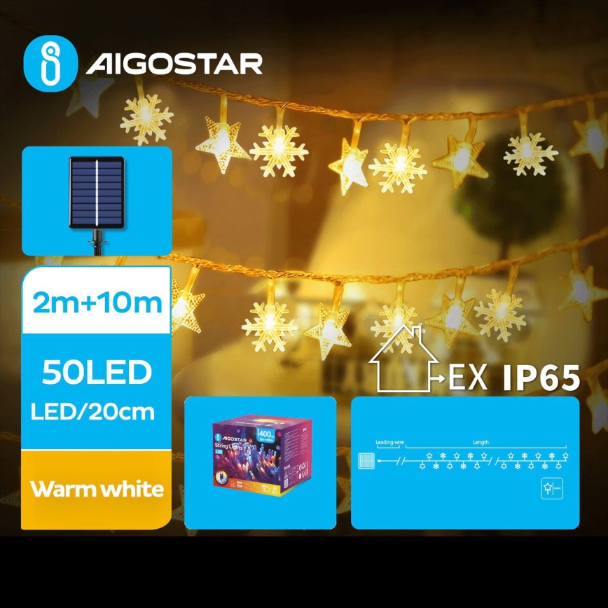 Aigostar - LED Ηλιακά Χριστουγεννιάτικα λαμπάκια 50xLED/8 λειτουργίες 12m 800mAh IP65 θερμό λευκό