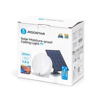 Aigostar - LED Dimmable ηλιακό φωτιστικό οροφής LED/3,2V 3000K/4000K/6500K IP65 + τηλεχειριστήριο