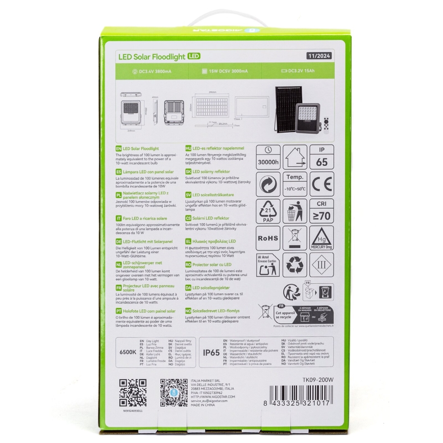 Aigostar - LED Ηλιακός προβολέας Dimmable LED/200W/3,4V IP65 15000 mAh + τηλεχειριστήριο