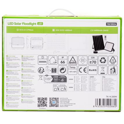 Aigostar - LED Ηλιακός προβολέας Dimmable LED/200W/3,4V 3000/4000/6500K IP66 + τηλεχειριστήριο