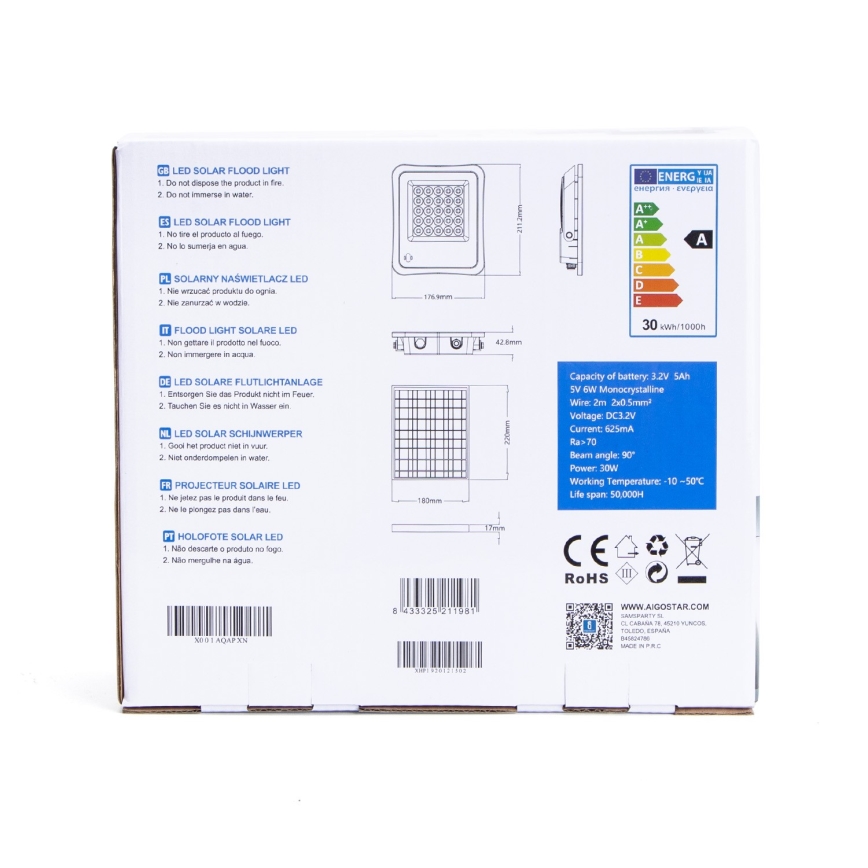 Aigostar - LED Ηλιακός προβολέας Dimmable LED/30W/3,2V 20000 mAh IP67 + RC