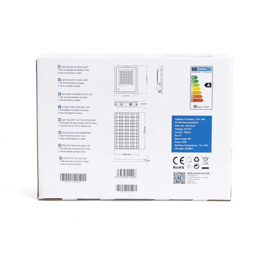 Aigostar - LED Ηλιακός προβολέας Dimmable LED/50W/3,2V IP65 6000 mAh + RC