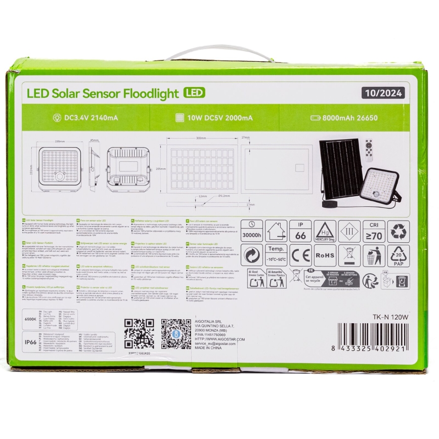 Aigostar - LED Ηλιακός προβολέας Dimmable με αισθητήρα LED/120W/3,4V 6500K IP66 + τηλεχειριστήριο