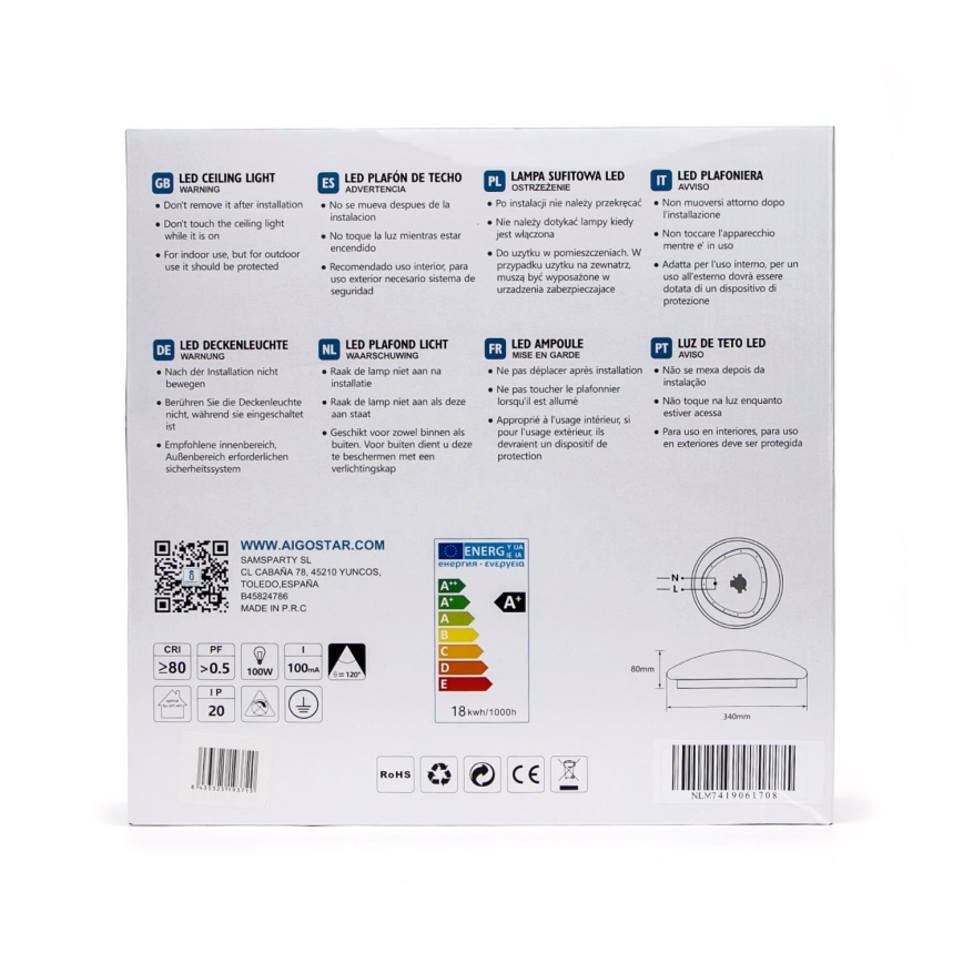 Aigostar - LED οροφής φωτιστικό με αισθητήρα LED/18W/230V 3000K