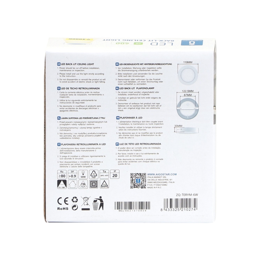 Aigostar - LED Πλαφονιέρα οροφής LED/6W/230V διάμετρος 12,3 cm 3000K λευκό