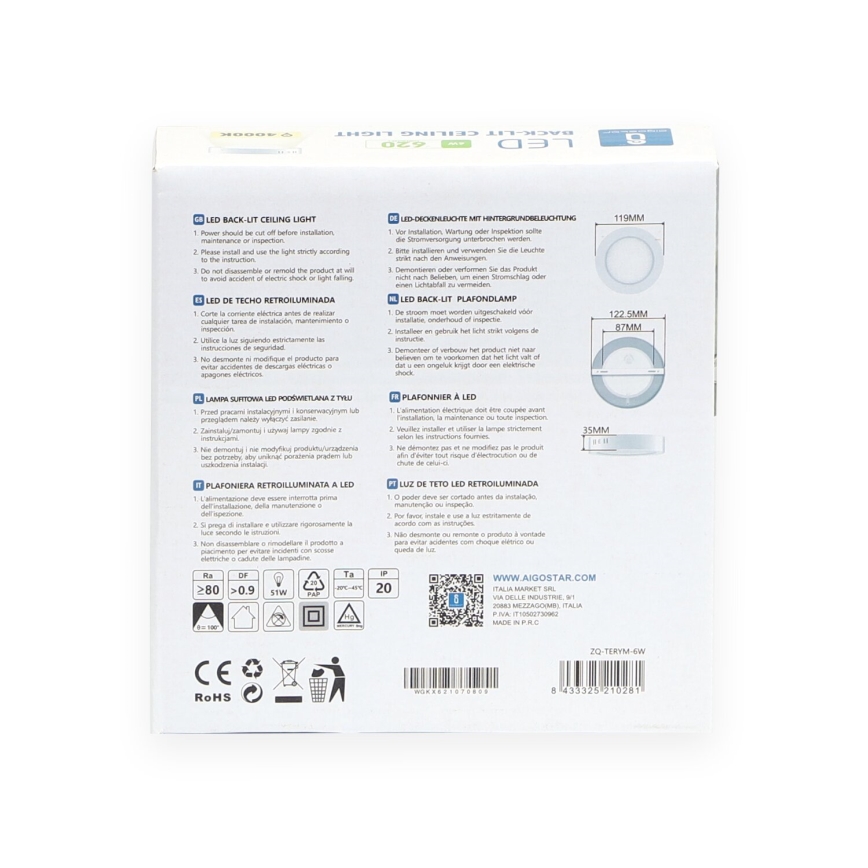 Aigostar - LED Πλαφονιέρα οροφής LED/6W/230V διάμετρος 12,3 cm 4000K λευκό