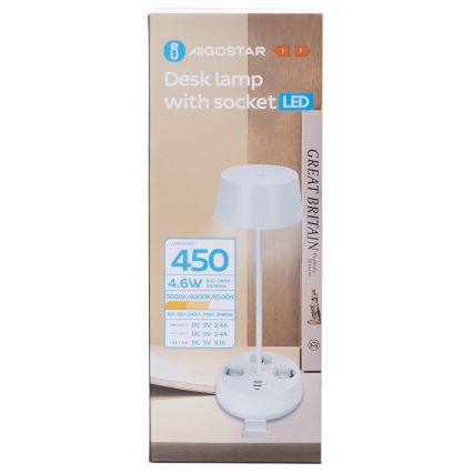 Aigostar - Ρυθμιζόμενο LED επιτραπέζιο φωτιστικό με ενσωματωμένες πρίζες και θύρα USB LED/4,6W/230V 3000/4000/6500K λευκό
