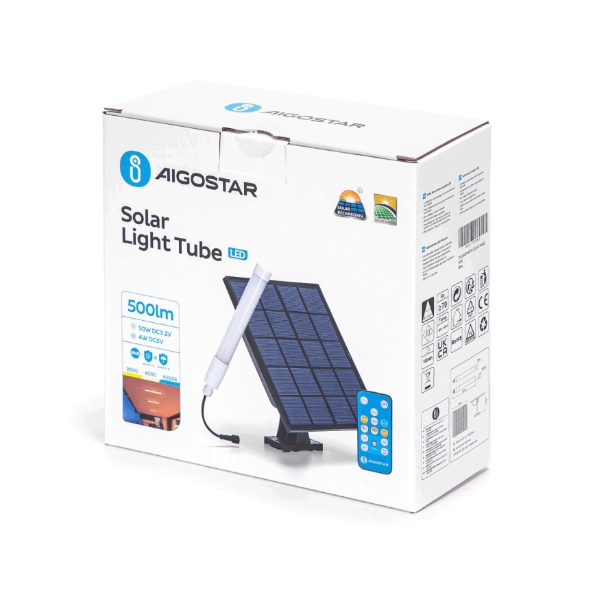 Aigostar - Ρυθμιζόμενος σωλήνας LED με ηλιακό πάνελ LED/3,2V 3000K/4000K/6500K IP65 5000 mAh + τηλεχειριστήριο