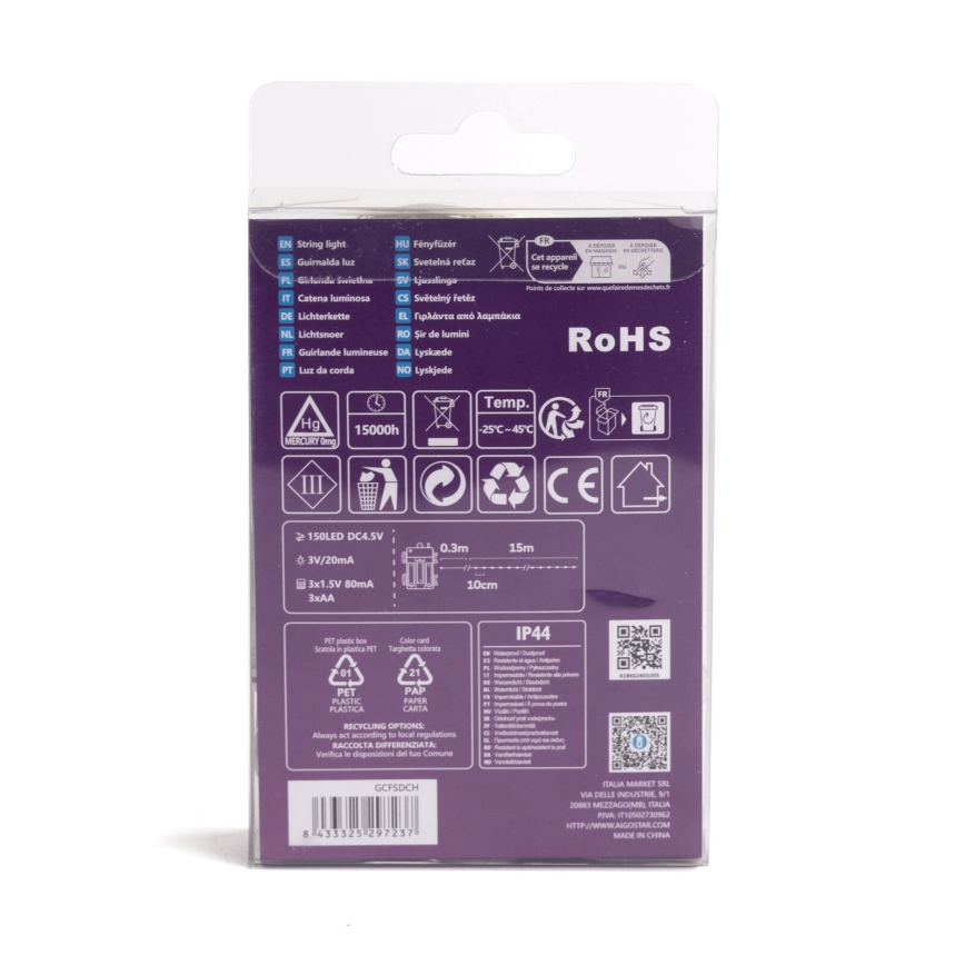 Aigostar -LED Υπαίθρια γιρλάντα 150xLED/8 λειτουργίες 3xAA 15,3m IP44 θερμό λευκό