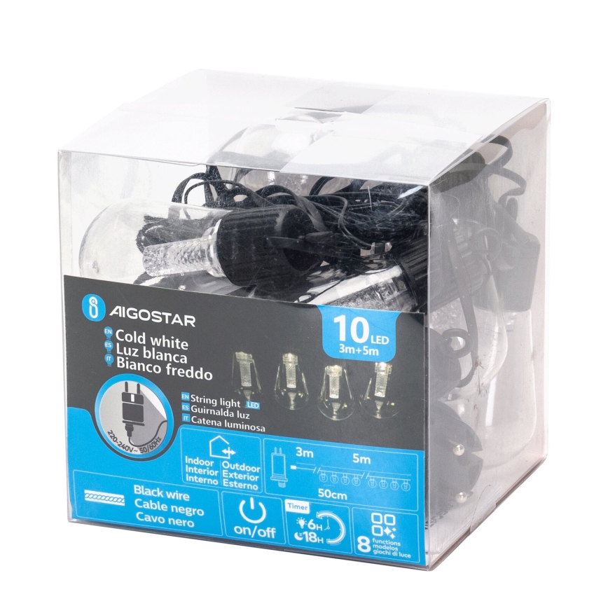 Aigostar - LED υπαίθρια διακοσμητική γιρλάντα 10xLED/8m IP44 ψυχρό λευκό