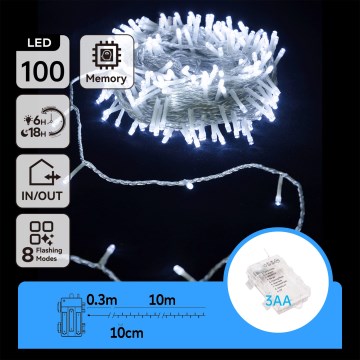 Aigostar - LED υπαίθρια χριστουγεννιάτικη γιρλάντα 100xLED/8 λειτουργιών/3xAA 10,3m IP44 ψυχρό λευκό