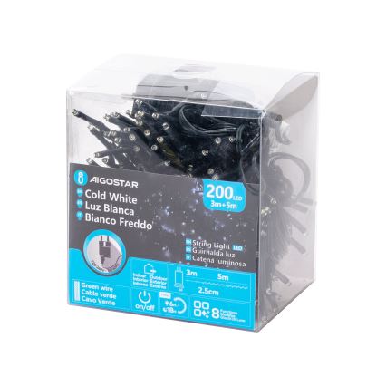 Aigostar - LED υπαίθρια χριστουγεννιάτικη γιρλάντα 200xLED/8 λειτουργιών 8m IP44 ψυχρό λευκό