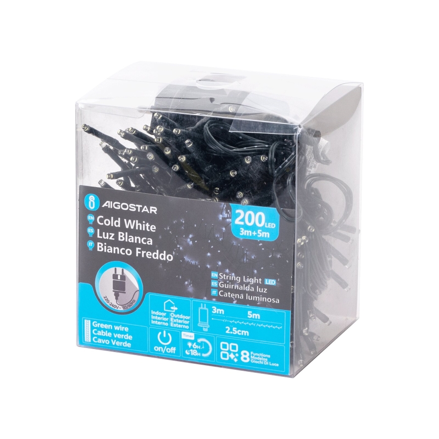 Aigostar - LED υπαίθρια χριστουγεννιάτικη γιρλάντα 200xLED/8 λειτουργιών 8m IP44 ψυχρό λευκό