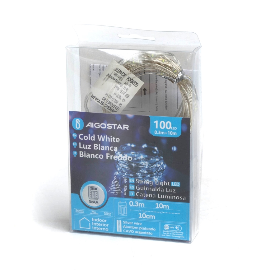 Aigostar - LED Χριστουγεννιάτικα φωτάκια 100xLED/3xAA 10,3m ψυχρό λευκό