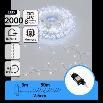 Aigostar - LED Χριστουγεννιάτικα φωτάκια για εξωτερικούς χώρους 2000xLED/8 λειτουργίες 53m IP44 ψυχρό λευκό