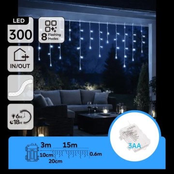 Aigostar - LED χριστουγεννιάτικα φωτάκια για εξωτερικούς χώρους 300xLED/8 λειτουργίες 3xAA 18x0,6 m IP44 ψυχρό λευκό