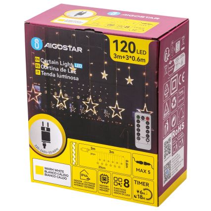 Aigostar - LED εξωτερική  γιρλάντα 120xLED/8 λειτουργίες 3x0,6 m IP44 θερμό λευκό + τηλεχειριστήριο
