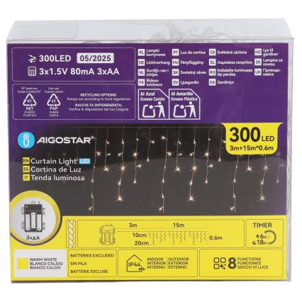 Aigostar - LED Εξωτερική χριστουγεννιάτικη γιρλάντα 300xLED/8 λειτουργίες 3xAA 18x0,6 m IP44 θερμό λευκό