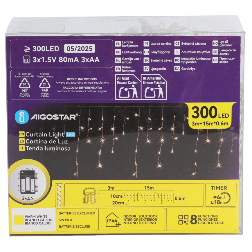 Aigostar - LED Εξωτερική χριστουγεννιάτικη γιρλάντα 300xLED/8 λειτουργίες 3xAA 18x0,6 m IP44 θερμό λευκό