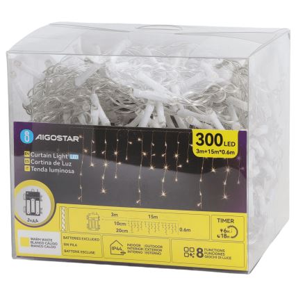 Aigostar - LED Εξωτερική χριστουγεννιάτικη γιρλάντα 300xLED/8 λειτουργίες 3xAA 18x0,6 m IP44 θερμό λευκό