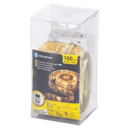 Aigostar - Χριστουγεννιάτικα φωτάκια LED 100xLED/3xAA 10 m, θερμό λευκό, χρυσό