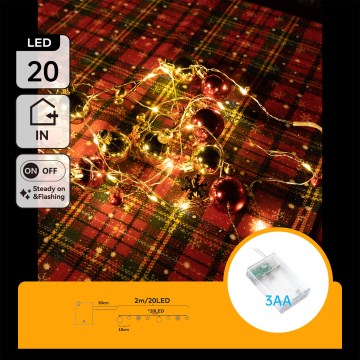 Aigostar - LED χριστουγεννιάτικη γιρλάντα 20xLED/3xAA 2 m θερμό λευκό
