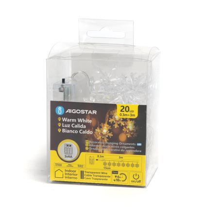 Aigostar - LED Χριστουγεννιάτικη γιρλάντα 20xLED/3xAA 3,3m νιφάδες