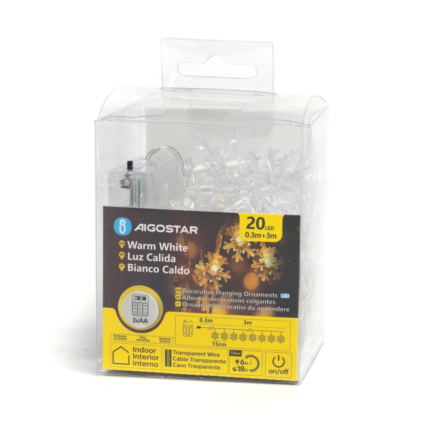 Aigostar - LED Χριστουγεννιάτικη γιρλάντα 20xLED/3xAA 3,3m νιφάδες