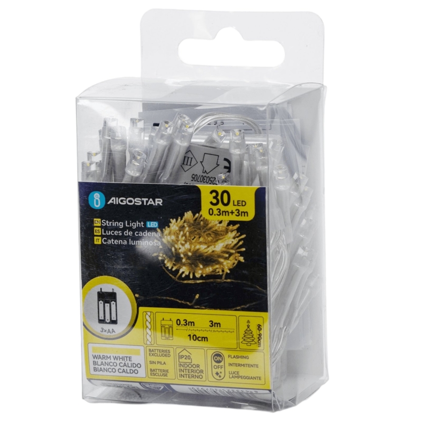Aigostar - LED Χριστουγεννιάτικη γιρλάντα 30xLED/3xAA 3,3m θερμό λευκό