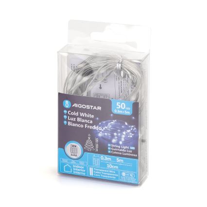 Aigostar - LED χριστουγεννιάτικη γιρλάντα 50xLED/3xAA 5,3m ψυχρό λευκό