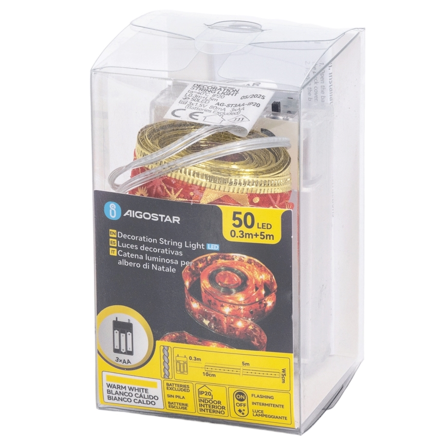 Aigostar - LED χριστουγεννιάτικη γιρλάντα 50xLED/3xAA 5m ζεστό λευκό/κόκκινο