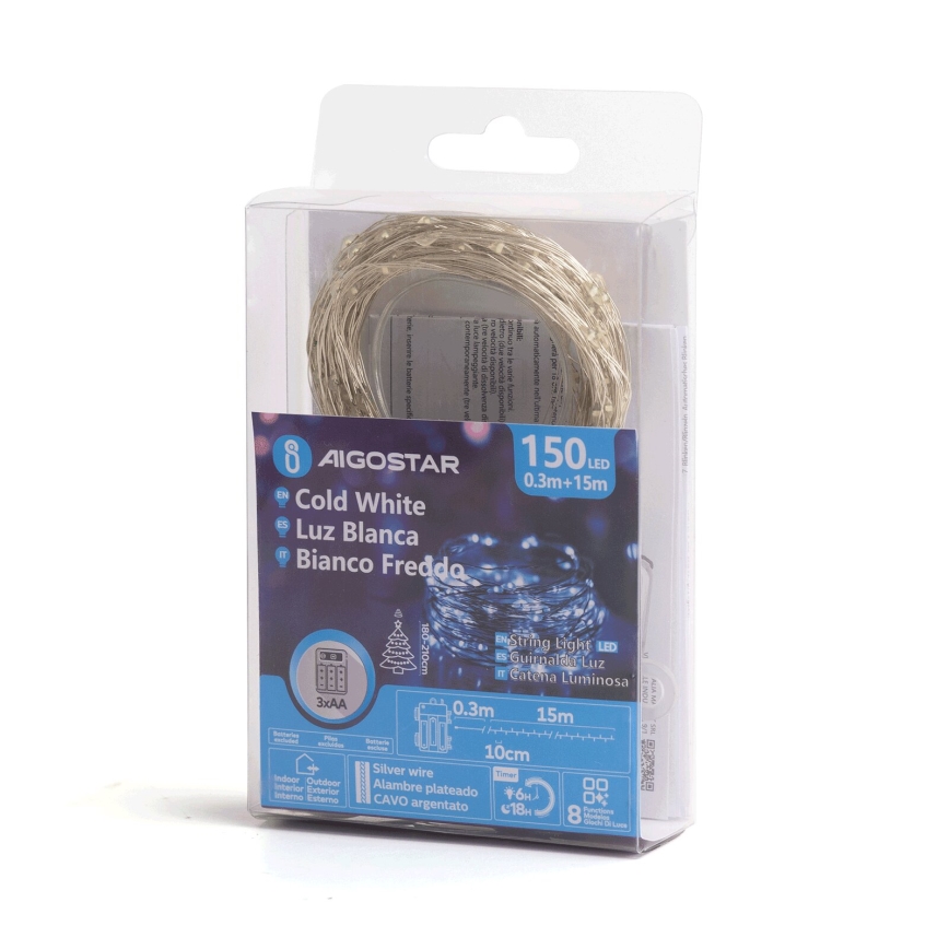 Aigostar - LED γιρλάντα εξωτερικού χώρου για Χριστούγεννα 150xLED/8 λειτουργίες/3xAA 15,3m IP44 ψυχρό λευκό
