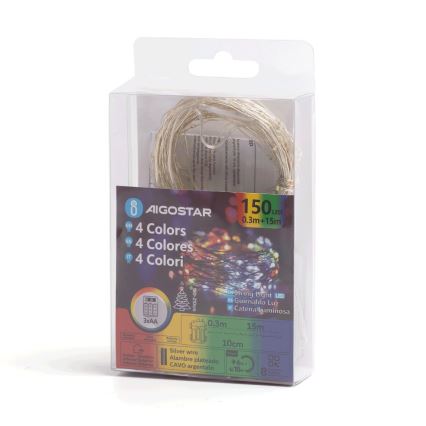 Aigostar - LED γιρλάντα εξωτερικού χώρου για Χριστούγεννα 150xLED/8 λειτουργίες/3xAA 15,3m IP44 πολύχρωμη