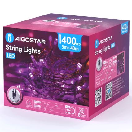 Aigostar - LED χριστουγεννιάτικη γιρλάντα για εξωτερικούς χώρους 400xLED/8 λειτουργίες 43m IP44 ροζ