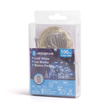Aigostar - LED εξωτερική χριστουγεννιάτικη γιρλάντα 100xLED/8 λειτουργίες/3xAA 10,3m IP44 ψυχρό λευκό