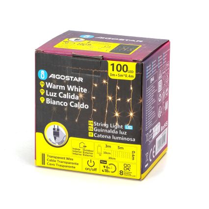 Aigostar - LED χριστουγεννιάτικη γιρλάντα εξωτερικού χώρου 100xLED/8 λειτουργίες 8x0,4m IP44 θερμό λευκό