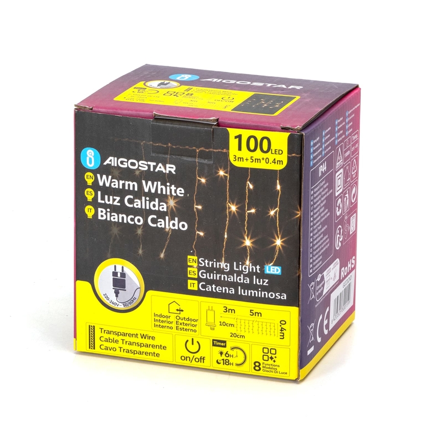 Aigostar - LED χριστουγεννιάτικη γιρλάντα εξωτερικού χώρου 100xLED/8 λειτουργίες 8x0,4m IP44 θερμό λευκό