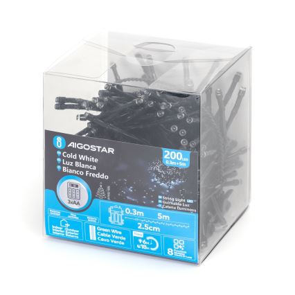 Aigostar - LED γιρλάντα εξωτερικού χώρου 200 LED/8 λειτουργίες, 3xAA, 5,3 m, IP44, ψυχρό λευκό