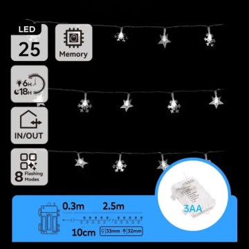 Aigostar - LED Χριστουγεννιάτικη γιρλάντα εξωτερικού χώρου 25xLED/8 λειτουργίες 3xAA 2,5 m IP44 ψυχρό λευκό