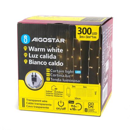 Aigostar - LED Εξωτερική γιρλάντα 300xLED/8 λειτουργίες 3x1m IP44 θερμό λευκό + τηλεχειριστήριο